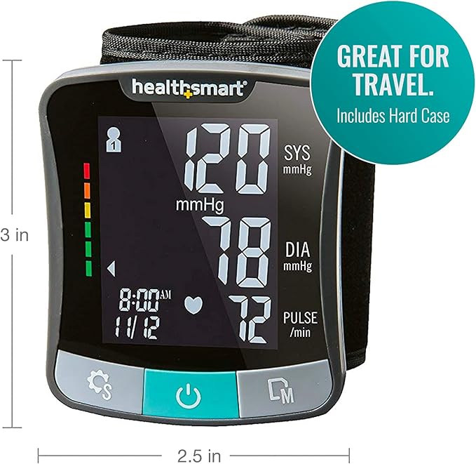 HealthSmart Digital Premium Wrist Blood Pressure Monitor with Cuff That Measures Pulse Heartbeat and High or Low BP, 120 Reading Memory Stores Up to 60 Readings for 2 Users