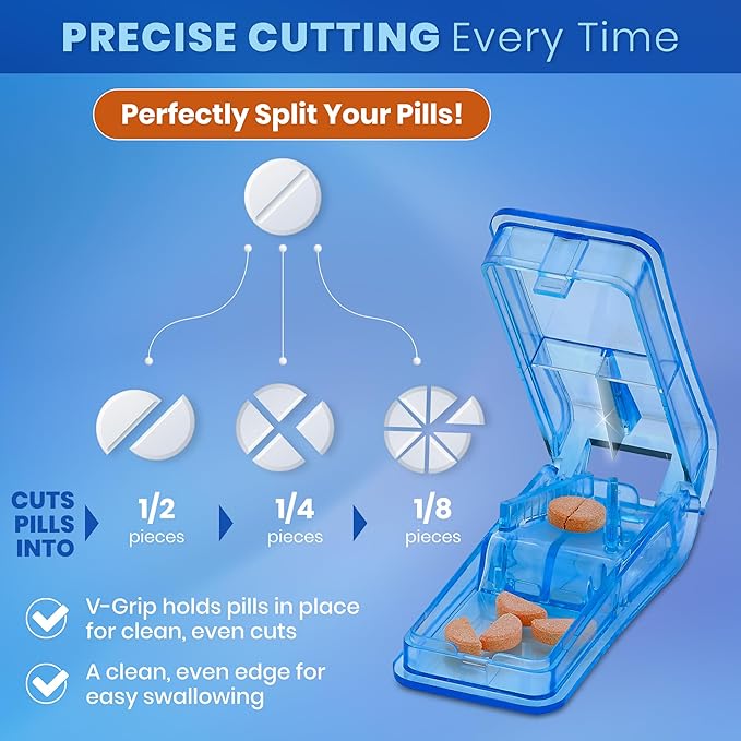Pill Cutter - V- Grip Pill Crusher and Cutter for Vitamins, Big & Small Pills, and Medication - Transparent Pill Splitter with Pill Holder Case to Split (Bulk Case Pack of 100)