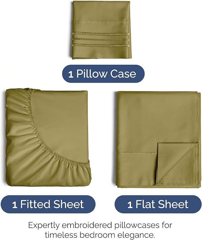 Twin XL Size 3-Piece Sheet Set - Extra Soft, Breathable & Cooling - Hotel Luxury Durable Bed Sheets for Women & Men - Deep Pockets, Easy-Fit & Wrinkle-Free - Olive Yellow Oeko-Tex
