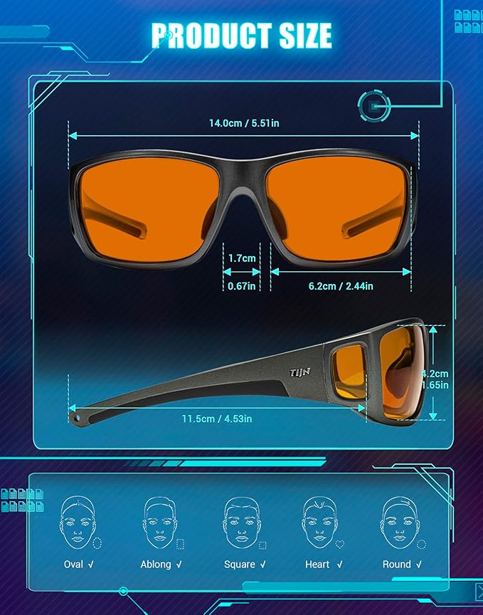 TIJN Sonia Red Sleep Glasses Orange Lens for Blue & Green Light Blocking,Dual AR Coating,Wraparound Frame for Gaming Screen