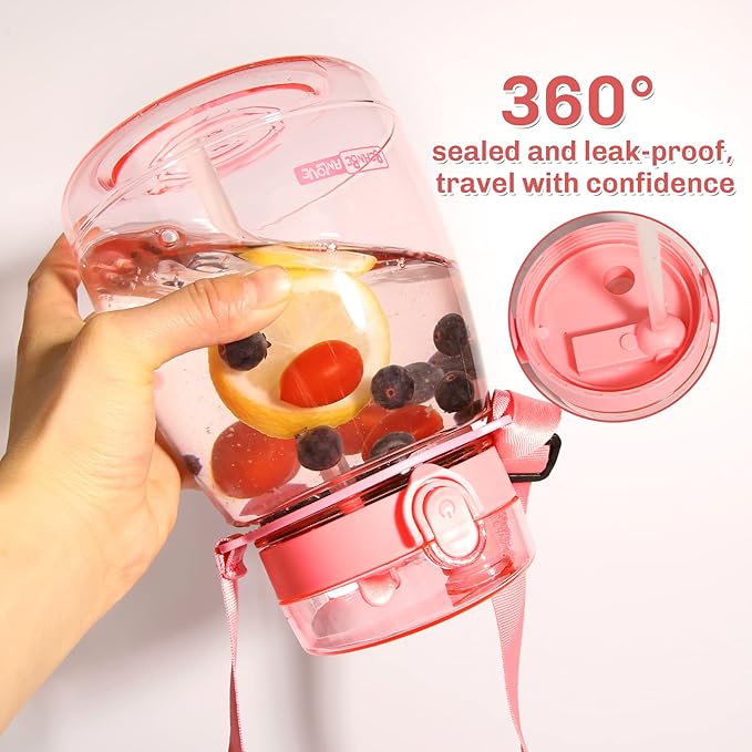 Pink Cute Water Bottles, Upgrade 45oz Water Bottles, Photo Artifact with Shoulder Strap, Suitable for Travel