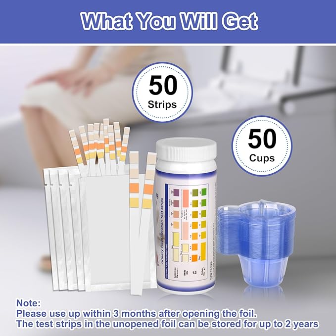 4-in-1 UTI Test Strips, Full Panel Urinary Tract Infection Test Kit at Home for Women Men Kids with Urinalysis Leukocytes, Nitrites, PH, Protein Urine Strip for UTI and Bladder, 50ct