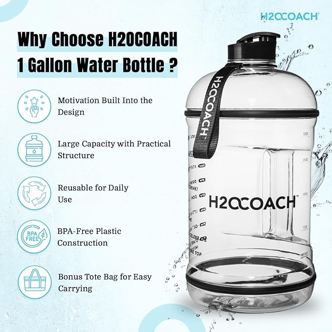H2OCOACH 1 Gallon Hydration Jug with Time Marker & Measurements, BPA-Free Tritan Sports Drink Container, Motivational Daily Intake Tracker for Gym, Workout, & Fitness Routines (128 oz)