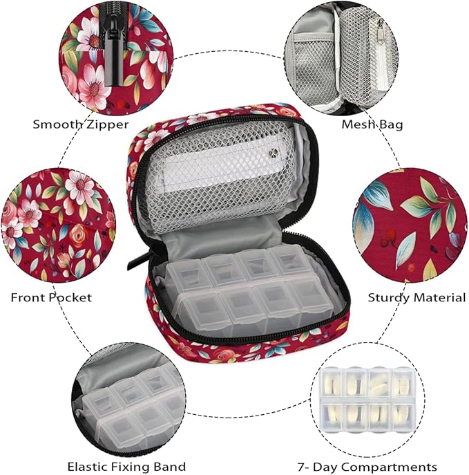 Flower Retro Floral Pill Case Everyday Travel, 7 Day Weekly Medicine Pill Box Compact Portable Pills Bottle Organizer with Zipper for Daily Vitamin Medicine Holder Bottle Organizers Bag