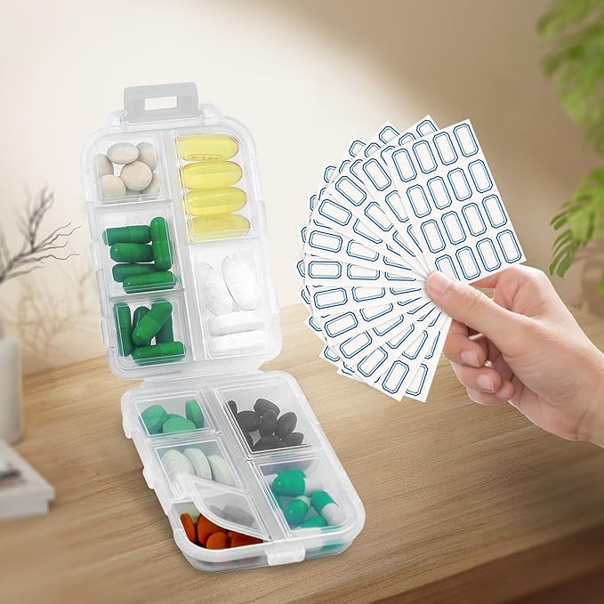 INVODA 12PCS 10-Compartment Pill Organizer BPA-Free Travel Pill Case with Daily Labels Portable Medicine Box for Vitamins, Supplements & Jewelry