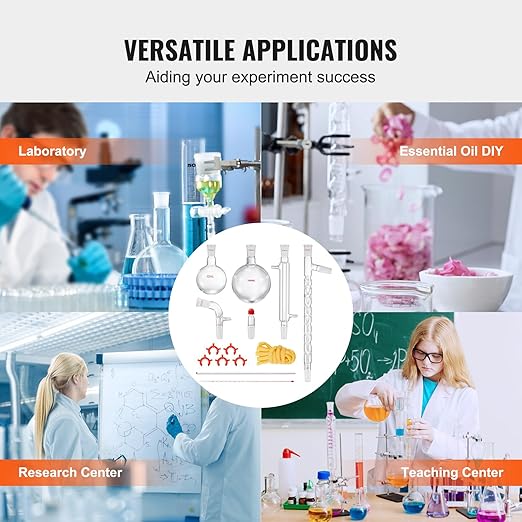 VEVOR Laboratory Distillation Set, 3.3 Borosilicate Glass Equipment with 24/40 Joint, 1000ml Capacity for Essential Oil Extraction, 14-Piece Glassware Kit