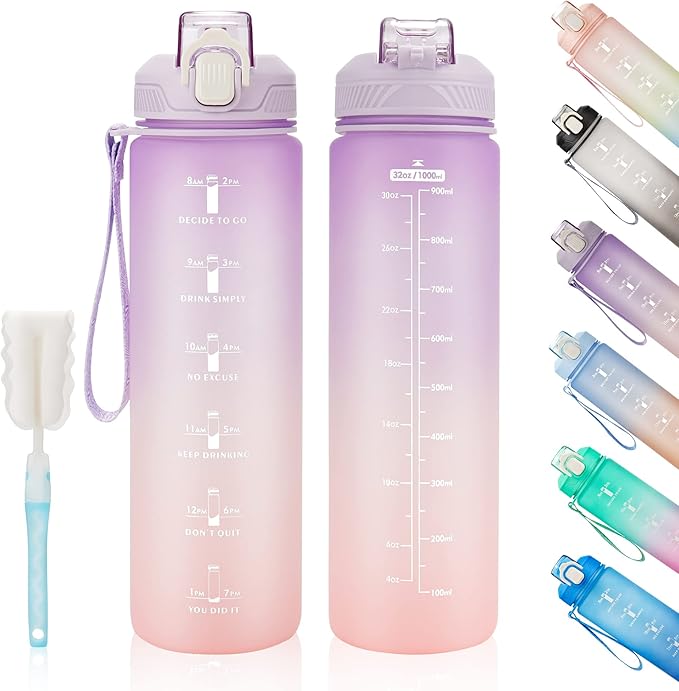 Motivational Water Bottle with Time Marker- 32oz Water Bottles with Times to Drink, Leakproof & BPA Free Sports Water Bottle with Straw & Carry Strap for Fitness, Gym, and Outdoor Sports