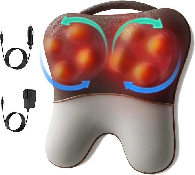 Sotion Shiatsu Neck and Back Massager with Heat, Deep Tissue Pain Relief for Neck, Shoulder and Back, Massage Pillow with Cover, Adjustable Straps & Portable Handle(No Battery)