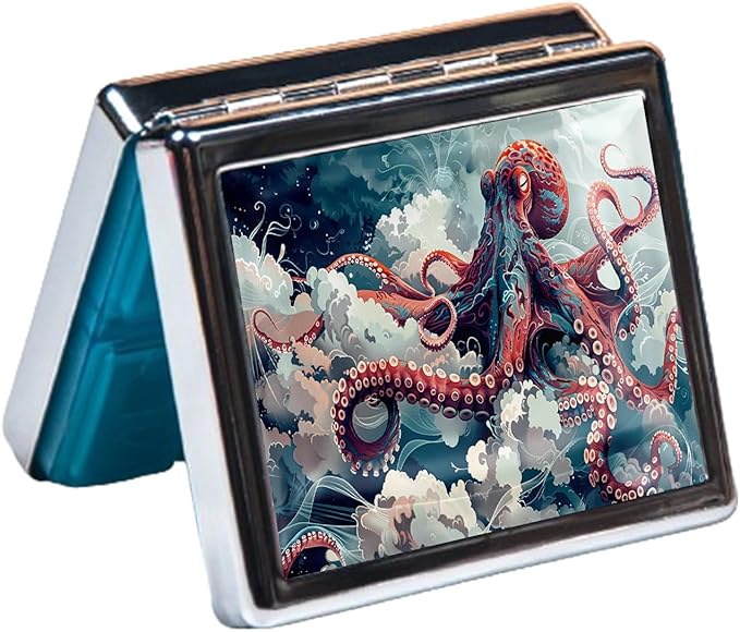 7 Day Travel Pill Organizer with Mirror Shiny Silver Chromed 8 Compartment Pill Box for Vitamins and Medications Compact and Stylish Medicine Case (Octopus)