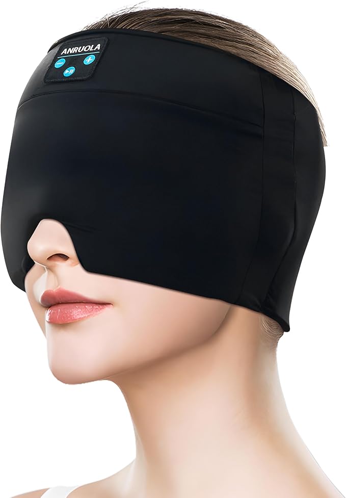 Wireless Migraine Relief Cap with Bluetooth Headphones, Sleep Headphones Ice Pack, Headache Relief Cap, Soothing Headache Ice Pack Sleep Mask, Face Cold Compress Head Wrap for Tension, Stress & Sleep