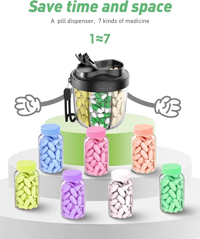 Pill Organizer,Pill Dispenser with 7 Large Compartments,Portable Pill Bottle Box with Wide Opening for Easy Use, Anti-Mix Pills Organizer for Travel,Includes 20 Pcs Sticky Labels（Black & Black）
