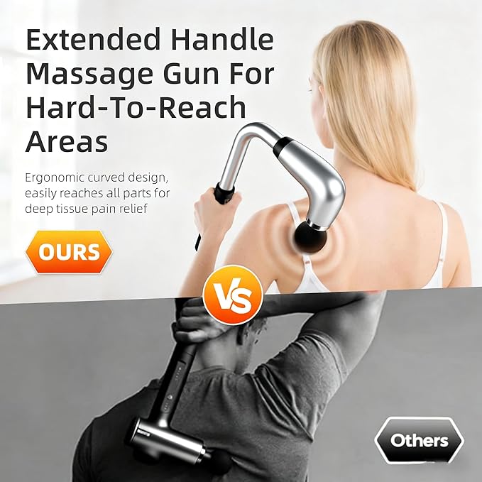 Massage Gun with Upgraded Extension Handle,Back Massage Gun Deep Tissue,Back Massager for Pain Relief for Muscles Neck Shoulders Waist Arm Legs Foot,4 Replaceable Heads & 9 Speeds (Silver)