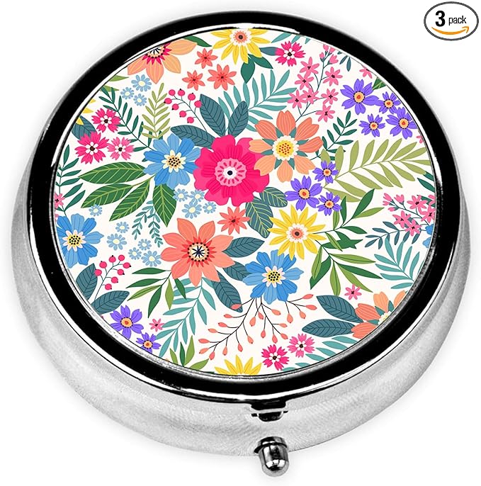 Retro Flowers Pill Box 3 Compartment Small Pill Case,Portable for Pocket or Purse Pill Organizer Pill Container Holder with Mirror to Hold Vitamins, Medication, Fish Oil and Supplements
