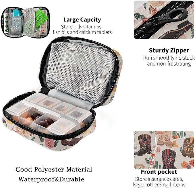 Fustylead Beautiful Retro Cowgirl Boots Pill Organizer for Purse, Weekly Portable Pill Box with Zipper to Storage Vitamins Fish Oils Medications Supplements