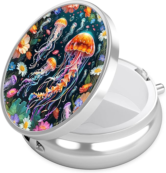 Colorful Jellyfish Pill Case, Pill Box 3 Compartments Metal Small Pill Holder with Mirror Mini Travel Pill Container for Purse Pocket Women Men