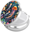 Colorful Jellyfish Pill Case, Pill Box 3 Compartments Metal Small Pill Holder with Mirror Mini Travel Pill Container for Purse Pocket Women Men