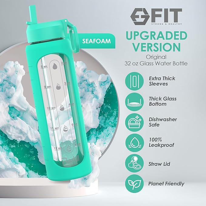 FIT Strong & Healthy 32 oz Glass Water Bottle with Straw Lid - Wide Mouth Borosilicate Glass Water Bottles with Time Marker, Silicone Sleeve & Extra Lid - 1L Large Motivational Drinking Bottle