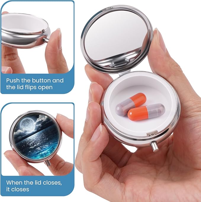 Mini Pill Box, Small Pill Box, Portable Pill Box, Cute Pill Organizer for Vitamins, Medications, Fish Oil and Supplements (Beautiful Starry Sky)