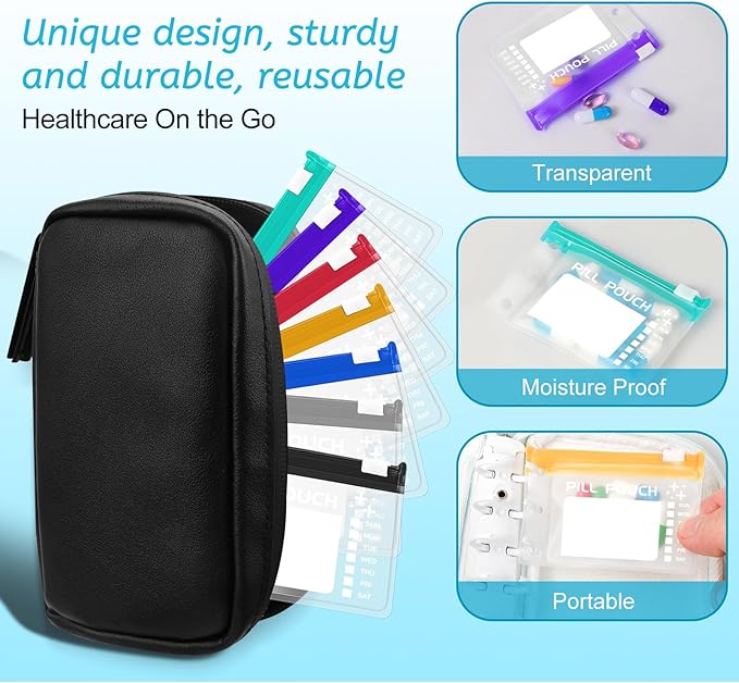 A7-S Pill Pouches Set for A7 Ring Binder, Weekly Pill Organizer 2 Times a Day, Pill Loose-Leaf Storage with Color-Coded Medicine Pouches, Reusable Travel Medicine Organizer
