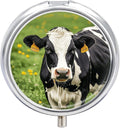 Cow Black Spot Pill Box Travel Pill Case for Purse Pocket Weekly Medicine Organizer with Mirror 3 Compartment Round Medicine Case Portable PillcaseHolder for Daily