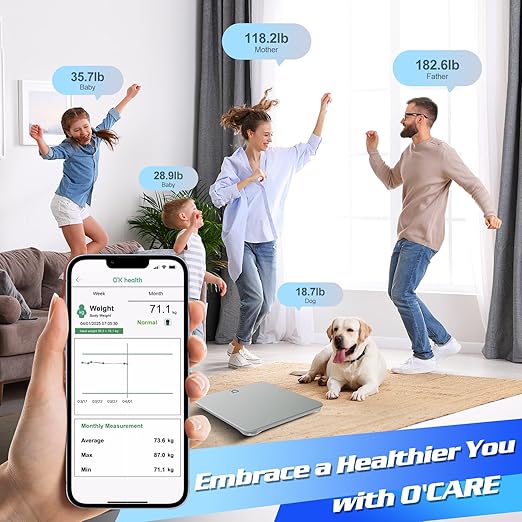O'CARE Smart Scale for Body Weight and BMI Weighing,High Accuracy Digital Bathroom Scale with LED Large Display,Smart APP Sync Weight Scale 440lb (Silver)