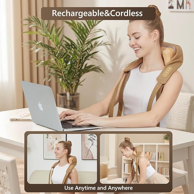 Neck Massager for Pain Relief Deep Tissue with Heat -Cordless Shiatsu 6D Kneading Massage for Neck,Shoulder,Christmas Gifts for Women/Men/Mom/Dad（PU-Yellow Brown）