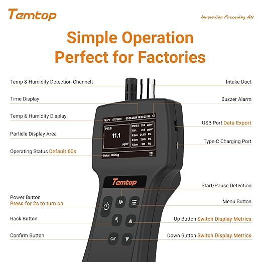 Temtop Handheld Particle Counter 0.3µm 0.5µm 1.0µm – Air Quality Monitor for PM2.5 PM10 TSP, Temperature & Humidity, 32GB Data Logger, USB Export, Rechargeable Battery, Indoor Air Quality Tester
