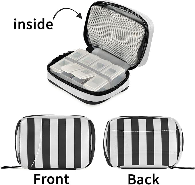 Pfrewn Pill Organizer Case Black and White Striped Travel Pill Box with Zipper 7 Day Portable Small Weekly Vitamin Medicine Supplement Holder Pouch Bag for Women Men