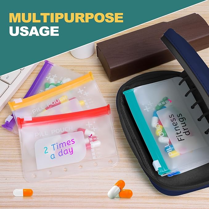 A7 Waterproof Pill Organizer with 7 PCS L Size Zippered Pill Pouches for A7 Binder, Large BPA-Free Weekly Medicine Organizer, Color-Coded Reusable Travel Pill Storage System