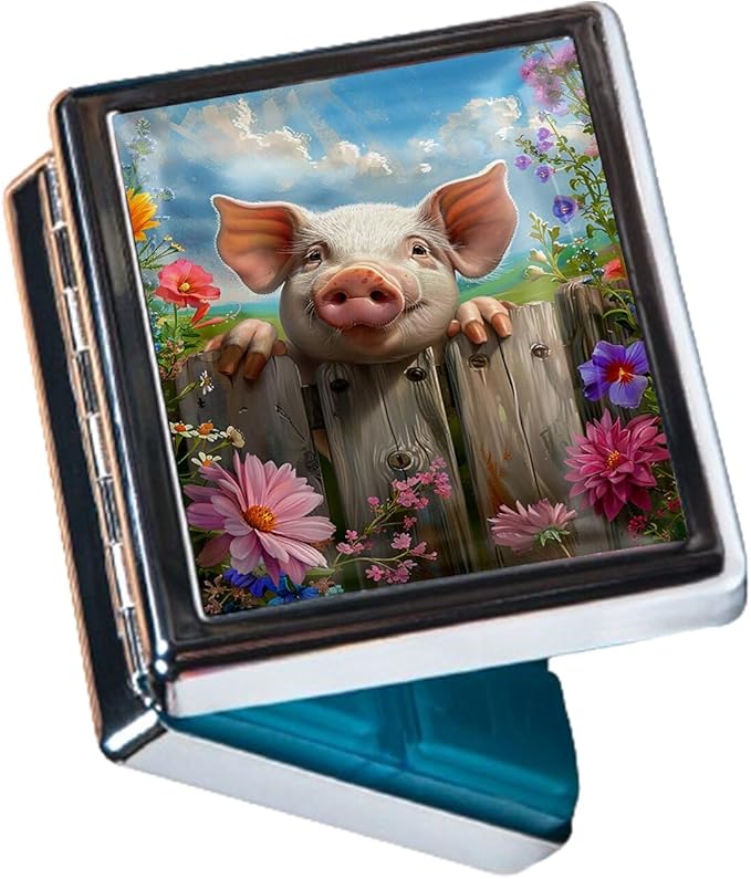 Cute Travel Pill Box Organizer with 8 Compartments - Compact and Fashionable Pill Case with Mirror - Ideal for Medications (Happy Piglet)