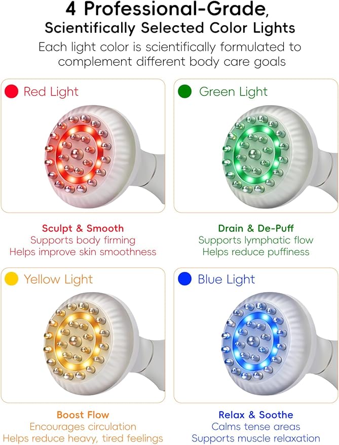 Lymphatic Drainage Massager for Body Sculpting & Cellulite – Body Sculpting Machine & Anti Cellulite Massage Tool for Stretch Marks with 4-Color Light, Pulse, Heat & Vibration for Waist, Legs & Arms