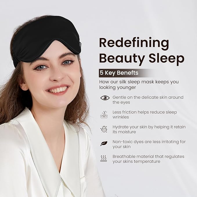 THXSILK Sleep Mask 100% 25 Momme Pure Mulberry Silk Super Smooth Cooling Sleep Eye Mask Blackout for Women/Man/Kids, Eye Cover with Wide Head Strap for Good Night Sleep, Black