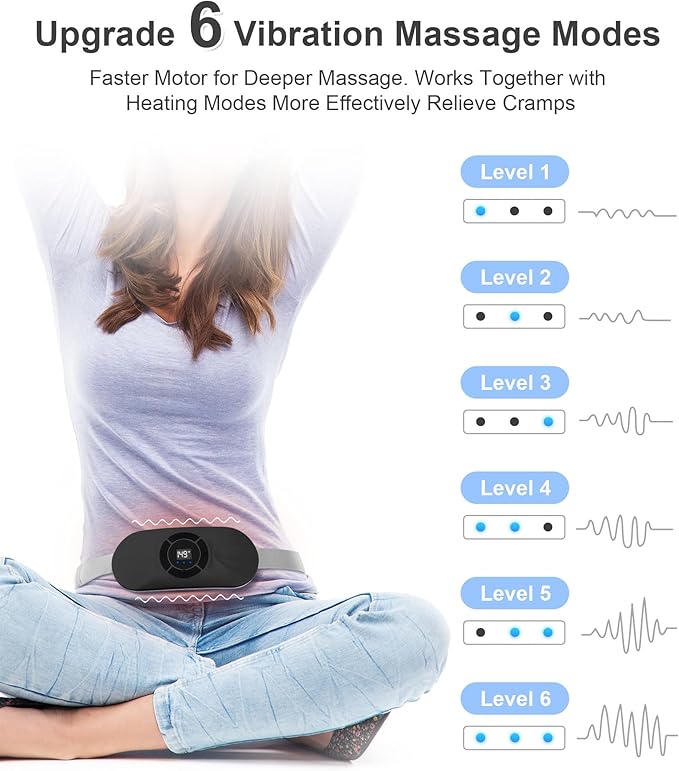 Portable Cordless Heating Pad for Period Cramps, Voice Reminder Menstrual Heating Pad with 6 Heat Levels and 6 Massage Modes, 3s Fast Heating, Gifts for Women Girls, Black