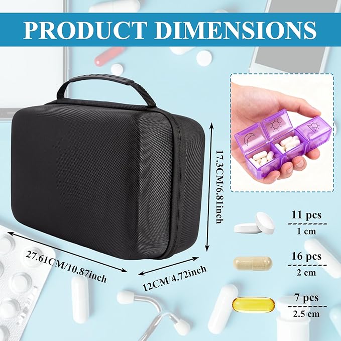 Monthly Pill Box Organizer 3 Times a Day, Travel Medicine Organizing Bag with Portable Hard Shell, Medical Supplies with 32 Daily Compartments, Pill Holder for Vitamin, Fish Oil, Supplements