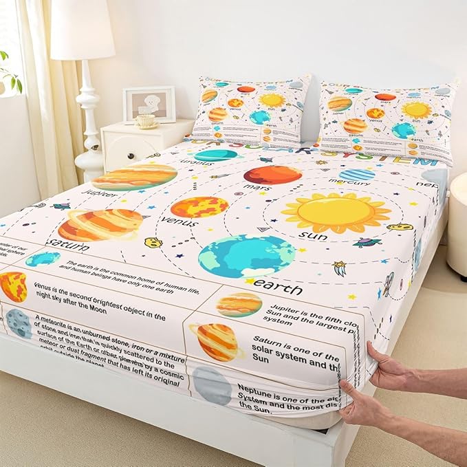 Solar System Fitted Sheet Full, Outer Space Bedding Set Educational Bed Sheet Set for Kids Planet Solar System Bed Cover Lightweight Bed Set (No Flat Sheet)