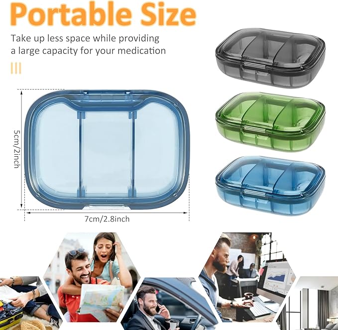 3 Compartment Pill Organizer Moisture Proof Pill Case with Silicone Sealing Strip Fit 2-4 Days Travel Portable Travel Container Daily Pill Organizer for Vitamins Supplement (3PCS)