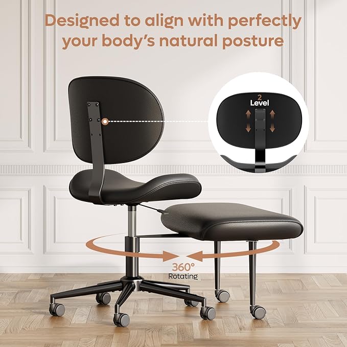 Upgraded Cross Legged Office Chair with Wheels, ADHD Chair for Adults, Wider Height Adjustable Backrest and Seat, Meditation Chair, Ergonomic & Yoga Office Chair, PU Leather, Black