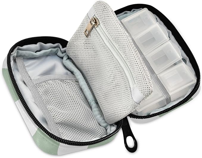 Checkered Green and White Travel Pill Organizer Weekly Small (Cute) Pill Box 7 Day Pill Case Vitamin Holder Pill Bottle Organizer