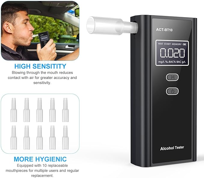 Portable Breath Alcohol Monitor – Personal-Use LCD Breath Checker with 10 Mouthpieces, Compact Device for Home, Car, Party Safety Awareness