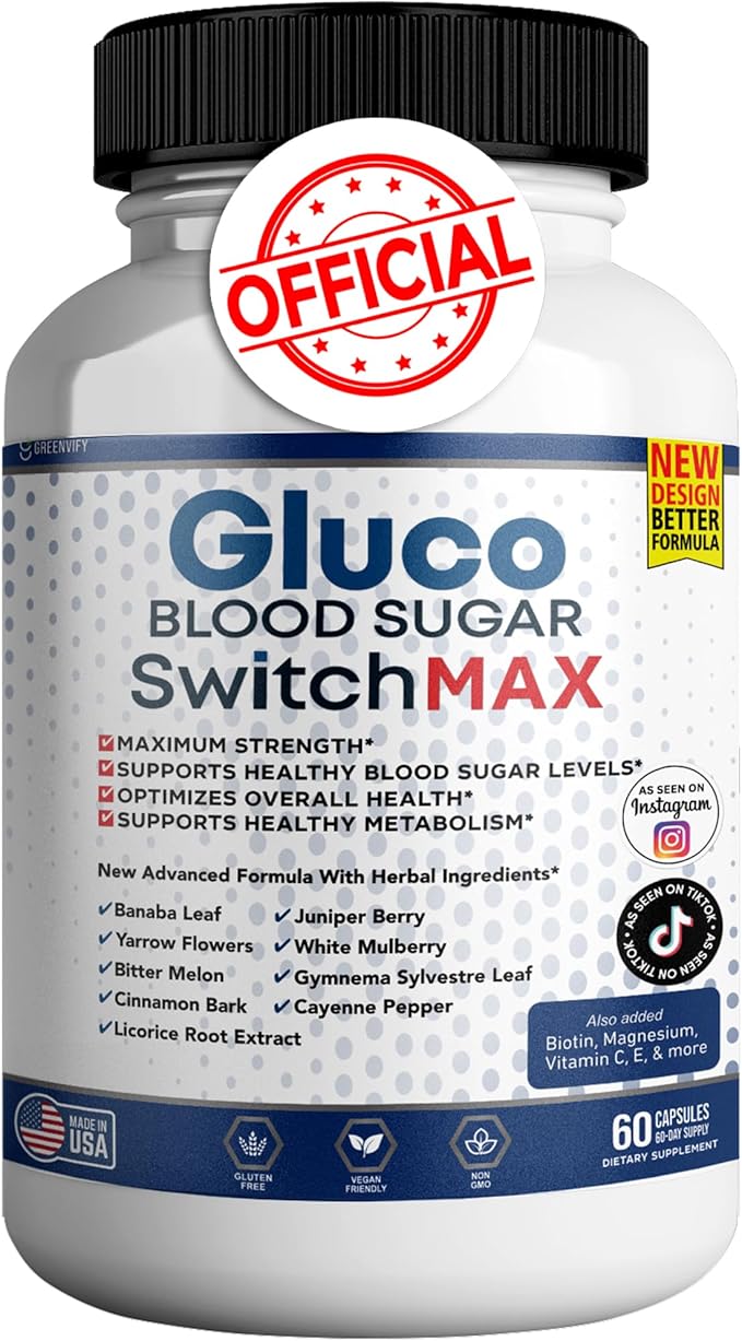 Gluco Blood Sugar Switch Max All Natural Formula to Maintain Healthy Levels, Maximum Strength Daily Formula Blood Reviews (1 Pack - 60 Capsules)