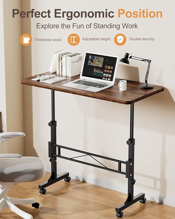 Small Standing Desk Adjustable Height, Mobile Stand Up Desk with Wheels, 32 Inch Portable Rolling Desks Conference Room Tables for Walking Pad Treadmill Wood Rustic