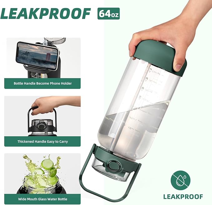 64oz Glass Water Bottle with Straw and Sleeve Half Gallon Motivational Water Bottle with Time Marke and Strap 2L Leakproof Borosilicate Reusable Water Jug for Gym Outdoors