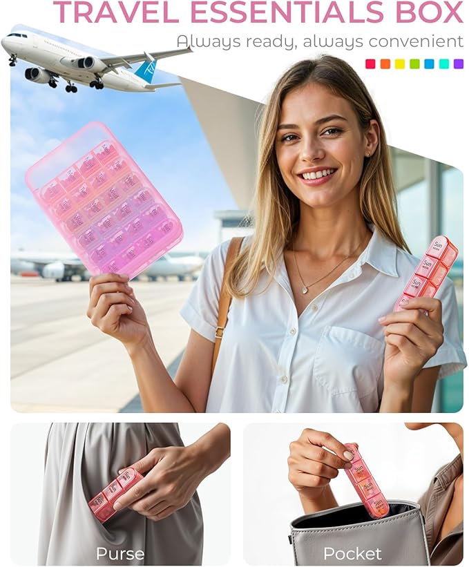 Odaro Weekly Pill Organizer 4 Times a Day, Daily Pill Box 7 Day, Large Travel Pill Case with 28 Compartment to Hold Medicine, Vitamin and Supplement - Pink Case