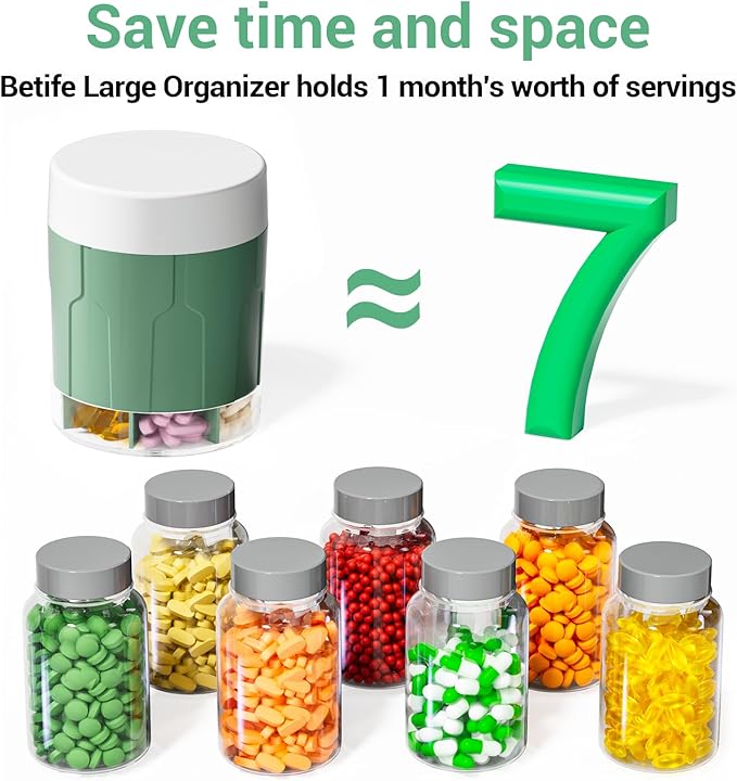 Betife Extra Large Supplement Organizer,Weekly Pill Organizer Bottle, Daily Pill Dispenser with 7 Large Compartments, Organizer to Hold 7 Day Vitamin Medication,21 Labels and a Cleaning Brush（Green）