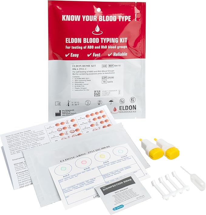 Eldoncard Blood Typing Kit, 1 Test Pack, Know Your Blood Type, Accurate Instant Home Testing, Determine A, O, B, RHS-D Negative & Positive Groups