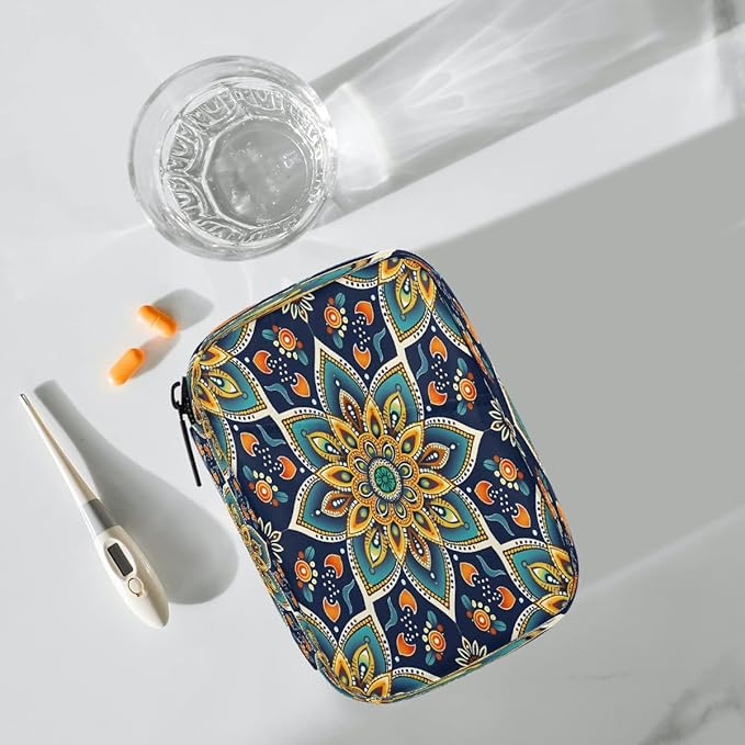 Indian Mandala Ethnic Pill Case Travel Pill Organizer Weekly 7 Day Portable with Zipper Medicine Box Pill Case for Vitamins, Birth Control,Fish Oils,Medication, Supplements