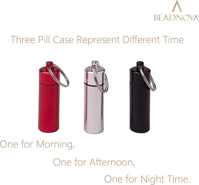 BEADNOVA Pill Holder Keychain Medicine Container Small Portable Pill Case Aluminium Fob Carrier with Medicine (3pcs, 3 Colors Per Pack)