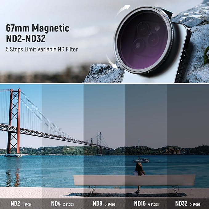NEEWER 67mm Variable ND Filter with Cold Shoe Phone Lens Clip, HD Clip On Magnetic ND2-32 Filter Compatible with iPhone 17 Pro Max 16 15 14 Android Samsung Galaxy S24 S25 Ultra