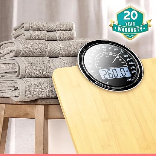 Adamson Hybrid 2-in-1 Analog & Digital Weighing Scale for Body Weight up to 400lbs - Thick Tempered Glass - Extra Large Display - Easy to Read Digital Bathroom Scale - Wood with White Backlight