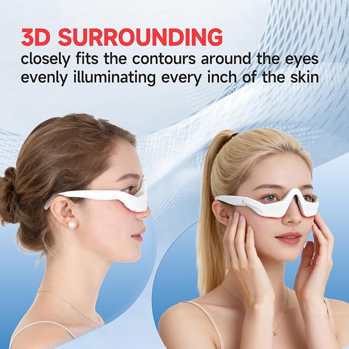 Under-Eye Red Light Therapy Device, Led 3D Microcurrent Eye Massage Glasses with 4 Modes, 3 Levels Red Light Eye Massage Mask for Relieve Eye Bags, Dark Circles, Wrinkles, Fine Lines